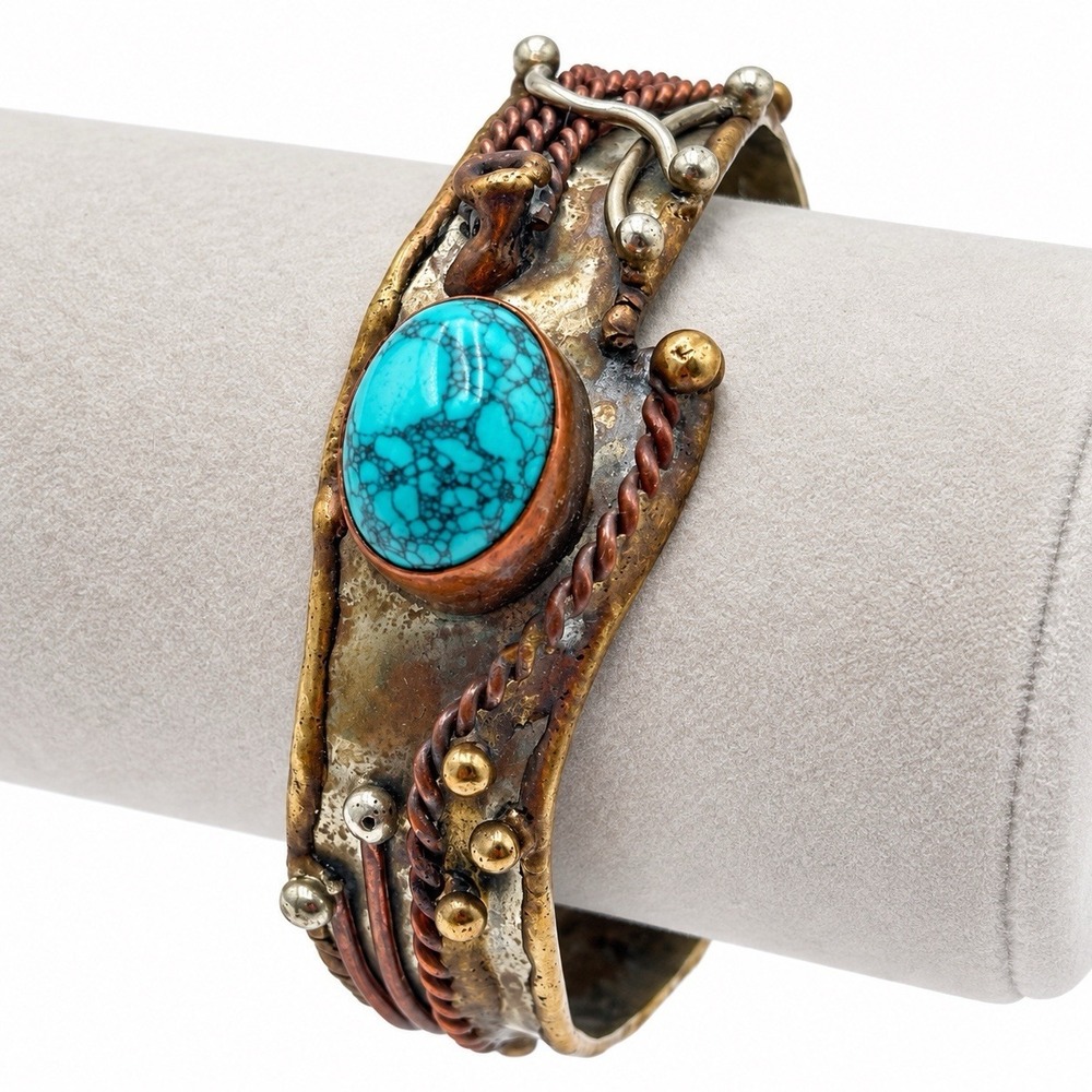 Turquoise Color Stone Mixed Metal Cuff Bracelet Copper Brass Boho Southwestern